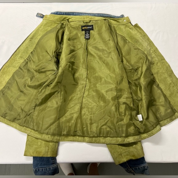 Metrostyle Womens Leather Jacket Size 12 Olive Green Denim Accent Zip Western - Picture 8 of 11